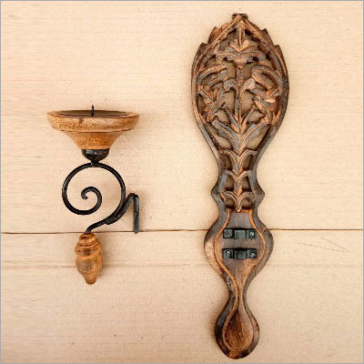 Mango Wood & Roat Iron Wall Candle Stand