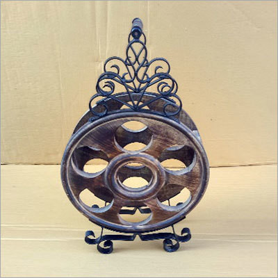 Mango Wood & wrought Iron Wine Or Whiskey Stand