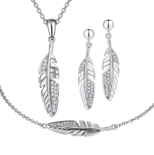 Wing Feather Plume Rhodium Plated Silver Charm Pendant Necklace Earring Bracelet Jewelry Set By GLOBALTRADE