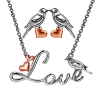 Kissing Love Birds Rhodium Plated Silver Necklace Earring Jewelry Set