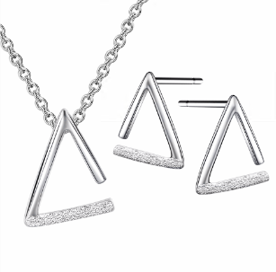 Opened Triangle Rhodium Plated Sandblasting Silver Charm Pendant Necklace Earring Jewelry Set By GLOBALTRADE