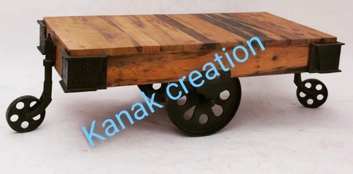 Handmade Industrial Iron Wooden Trolley With Cast Iron Wheel
