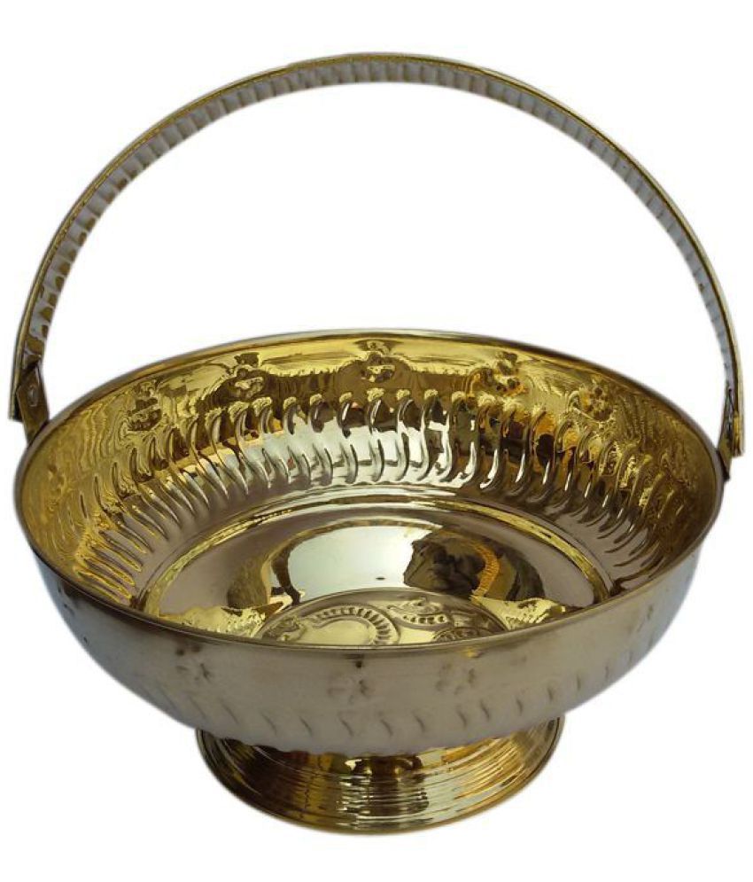 Brass Basket - 8 Inch Round, Gold Vintage Home Decor | Elegant Pedestal Base, Folding Handle, Decorative Side Cut Outs