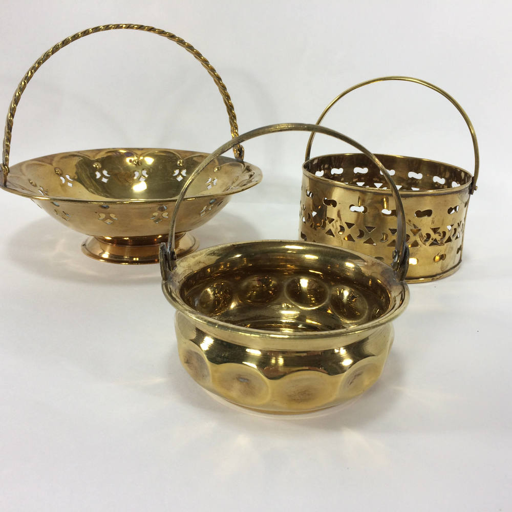 Brass Decorative Basket Set of 3 - Small 10.25 cm & Medium 11.5 cm Gold Finish Vintage Charm Handcrafted Modern Decor