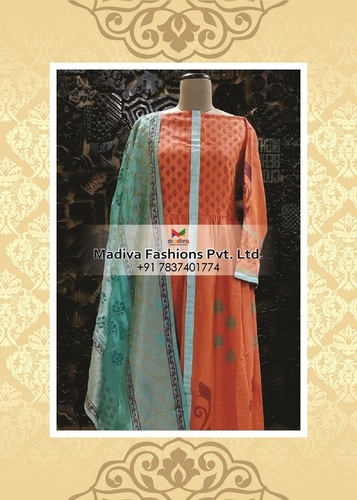 Orange And Light Green Block Printed Suit