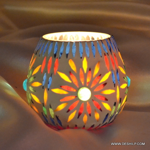 Rainbowspark Mosaic Glass Votive - Finishing: Polishing