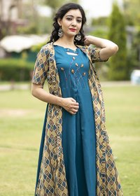 Multi Designer Rayon Kurti With Cotton Shrug