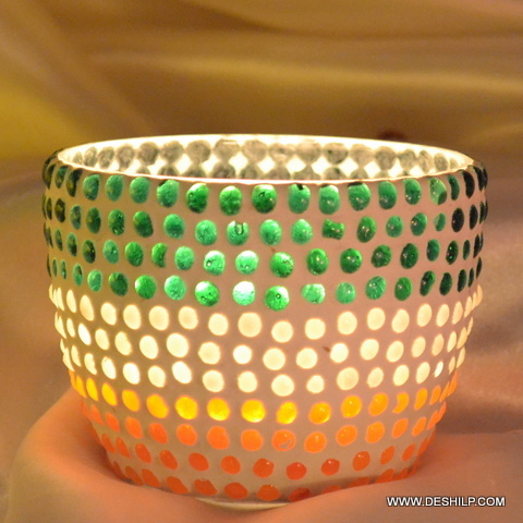 Round white, green and orange colored Multi Mosaic Glass Candle Holder