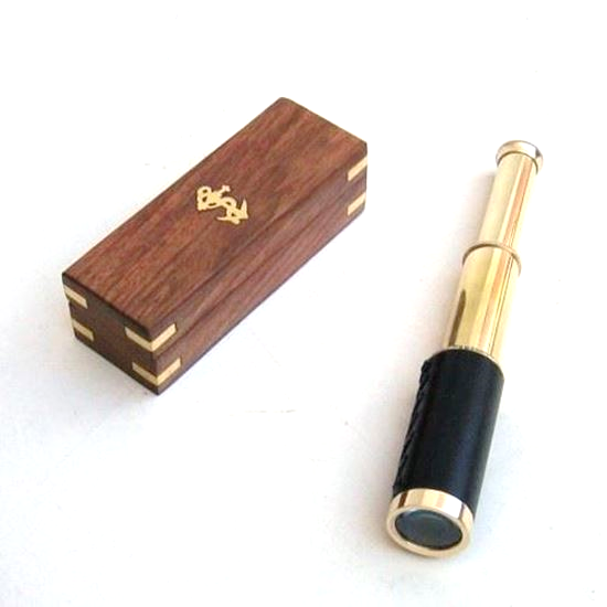 Pullout Telescope Wooden Box - Brass 9 Inch Black Leather Grip Tri-Fold Design