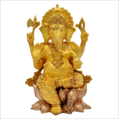 Ganesha Idol - 12 Inch Brass Statue With Lotus Base, Polished Finish For Positive Energy