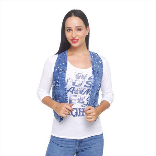 Ladies Denim Jacket - Denim Fabric, Sizes S-XL, Blue Color | Quick Dry, Modern Casual Style, Plain Pattern, Year-Round Wear
