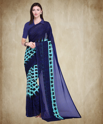 Blue And Sea Blue Georgette Digital Printed Saree