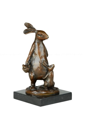 Copper Animal Sculptures Bunny Rabbit Mom- Son Figurine Marble Base