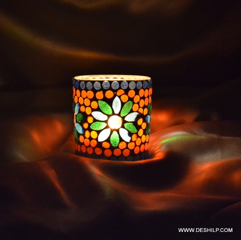 New Floral design Multi Mosaic Glass Candle Holder