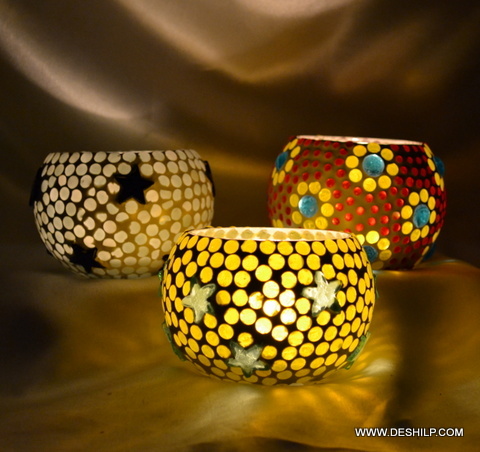 Multicolored floral design Multi Mosaic Glass Candle Holder