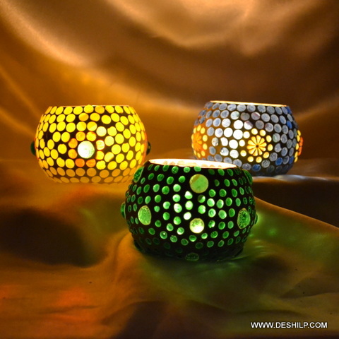4Inch Glass T Light Candle Holder With Mosaic - Style: Antique Imitation