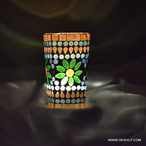Flower Designed Mosaic T Light Candle Holder - Material: Glass