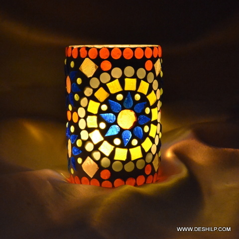 Multi Mosaic Glass Candle Holder For Party Decoration - Style: Modern Arts