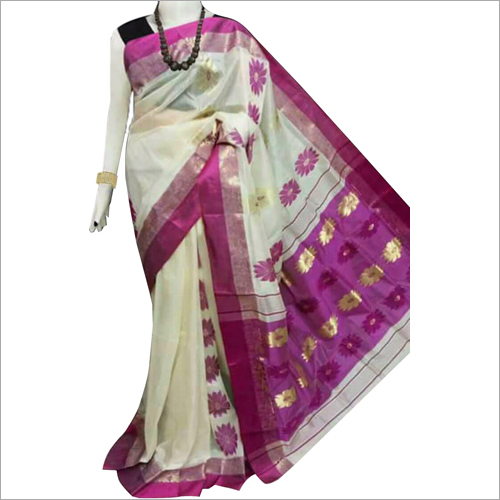 Tussar Silk Saree - Silk Material, Embroidered Pattern, White and Purple Color | Royal Style for Events, Celebrations, and Daily Wear
