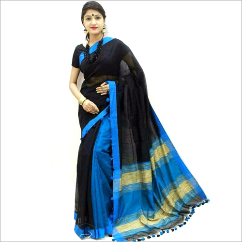 Cotton Silk Ghicha Pallu Saree - Cotton Silk Material, Black and Blue Color Design | Thread Work with Elegant Tassles, Versatile Styles