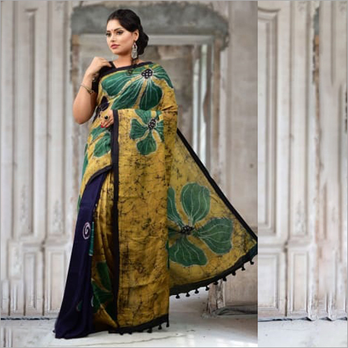 Ladies Khadi Cotton Saree - 6 m Length with Blouse Piece, Colourful Printed Pattern for Casual Wear