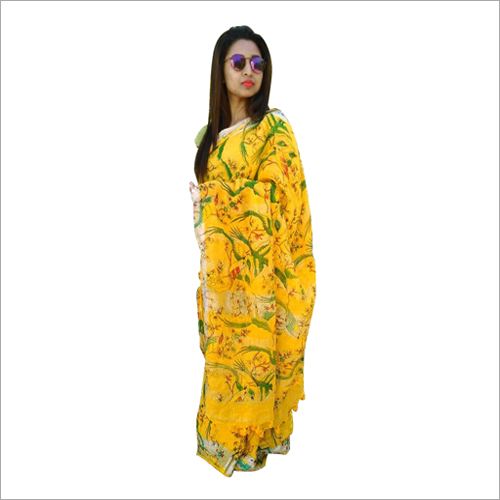 Cotton Silk Work Saree - Cotton Silk, Light Weight, Yellow with Green Print | Ideal for Casual Wear and Light Events, Easy Washing, Colorfastness