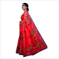 Cotton Silk Saree - Cotton Blend, Red With Blue Sleek Border And Print | Summer & Winter Ethnic Wear For Women