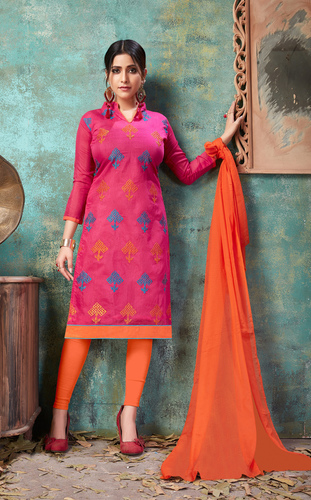 Chanderi Cotton Embroidered Dress Material - Free Size with Plain Chiffon Dupatta, Orange and Pink Color Design, Short Sleeves, Ethnic Look for All Seasons