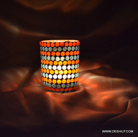 Cylindrical Mosaic T Light Candle Holder - Material: Glass