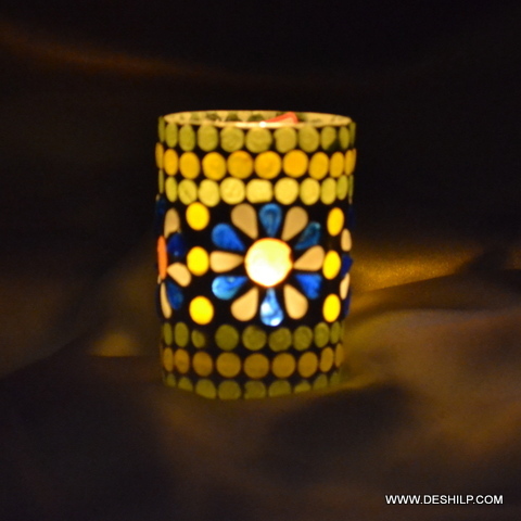Multicolored cylindrical Mosaic Glass Candle Votive