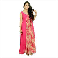 Ladies Ethnic Wear - Georgette, Floor Length Pink Floral Pattern, Sleeveless Round Neck, Easy Care And Fade Resistant Design