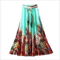 Ladies Long Skirt - Polyester, Floor Length A-line Style, Aqua Color, Peacock Print | Comfortable Drawstring Closure With Colorful Bead Embellishments, Lightweight And Fade Resistant