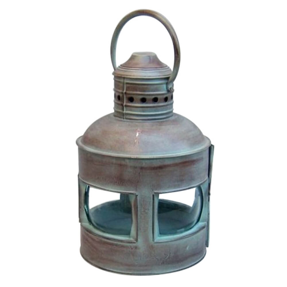 Antique Iron Lantern - Round Shape Four-Sided Design | Artisan Crafted with Grey Galvanized Finish and Brass Detailing