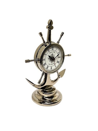 Table Clock - Combination of Various Metals & Glass, Reflective Chrome or Antique Brass Finish, Roman Numeral Design