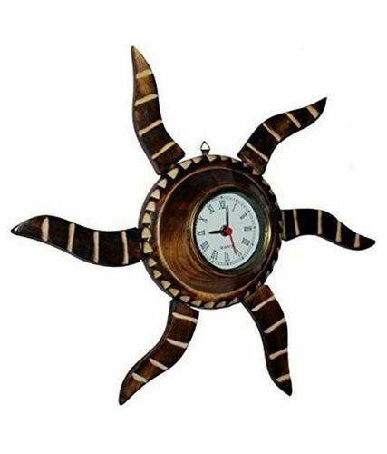 Antique Brown Wooden Handicraft Circular Analog Wall Clock - 26 cm Diameter, Black Dial with 3 Hands | Traditional Mango Wood, Perfect Gift for Home Decor