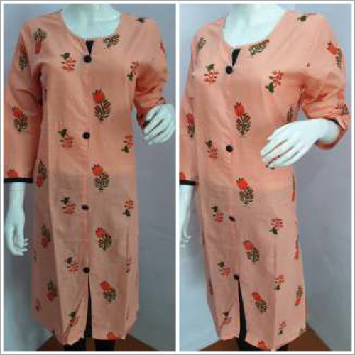 Ladies Peach Round Neck Printed Kurtis - Soft Fabric, Available in Various Sizes , Customized Logo with Alluring Floral Prints