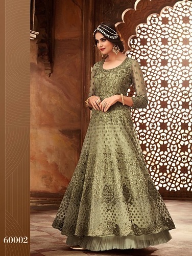 Anarkali Suits - Net Fabric With Santoon Bottom, Green Color, Floral Embroidery, Plus Size, Full Sleeves, Quick Dry, Washable, For All Seasons