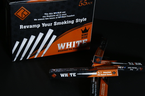 Pre-Rolled Cones - King Size White Fluorescent Paper , Individually Packed 55 Pieces with Thinnest Gum Line and Fire Proof Features