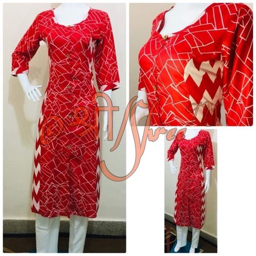 Rayon Red Kurti With Cigarette Pant Length: 50 Inch (In)