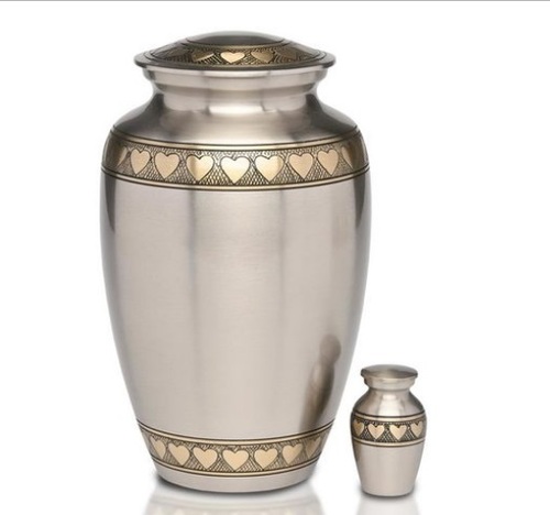 Brass Cremation Urn with Nickel Overlay and Pink Pattern- Large