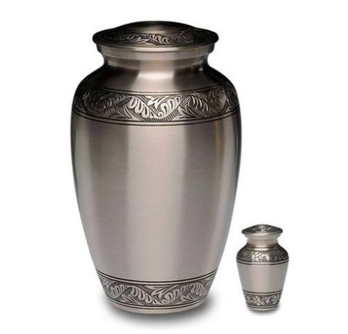 Classic Pewter Cremation Urn with Hand Carved Art Design