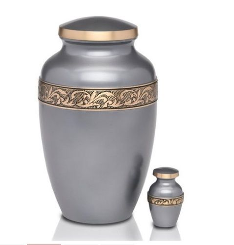 Gray Gunmetal Brass Urn with Hand Carved Art Design