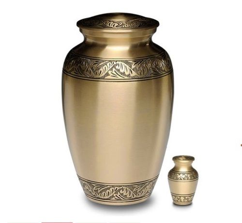 Brass Classic Cremation Urn With Hand Carved Art Design