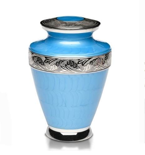 New Brass Cremation Urn with Nickel Overlay & Light Blue Enamel