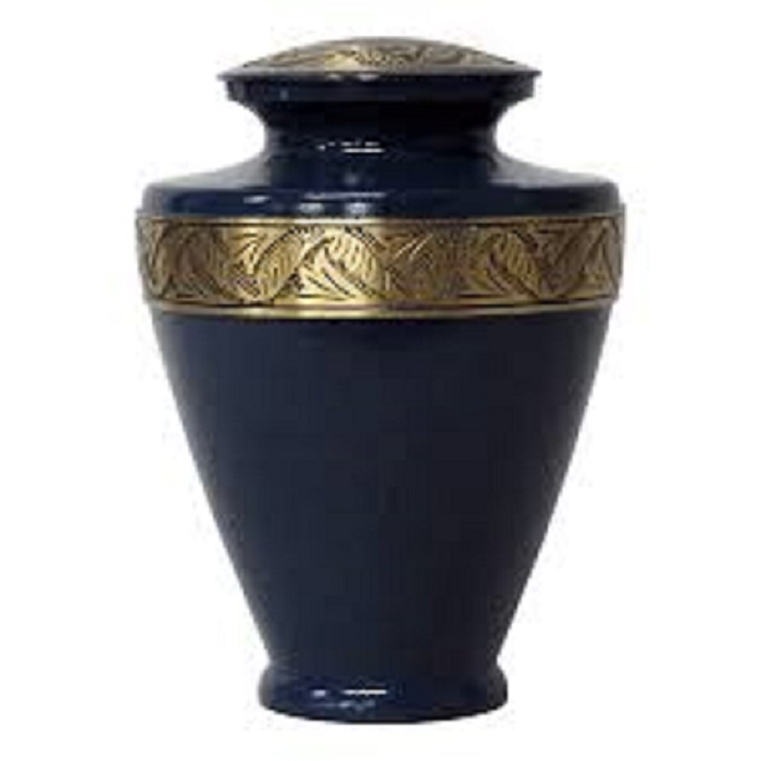 New Brass Cremation Urn with Nickel Overlay & Light Blue Enamel