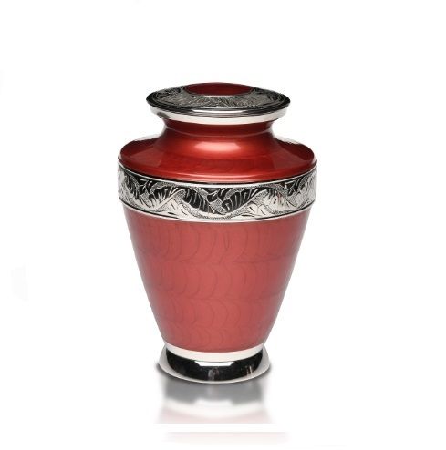 Brass Cremation Urn with Nickel Overlay & Rust Red Enamel-New