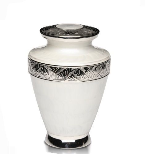 New Brass Cremation Urn with Nickel Overlay & White Enamel