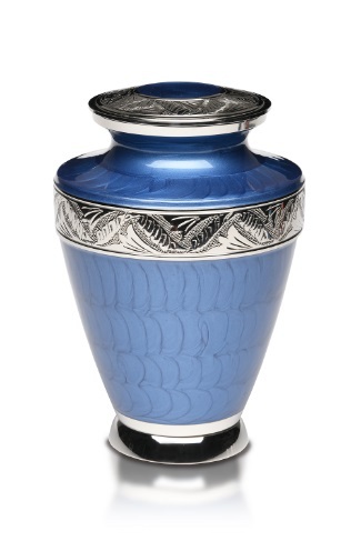 New Brass Cremation Urn with Nickel Overlay & Dark Blue Enamel