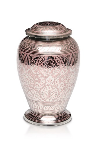 New Brass Cremation Urn with Nickel Overlay & Pink Pattern