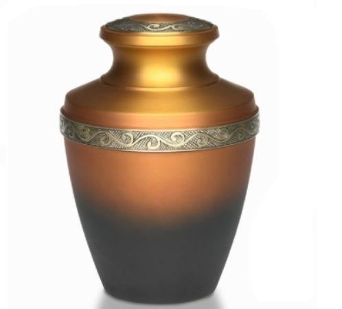 Cremation Urn in Orange & Gold Tones with Brass Band